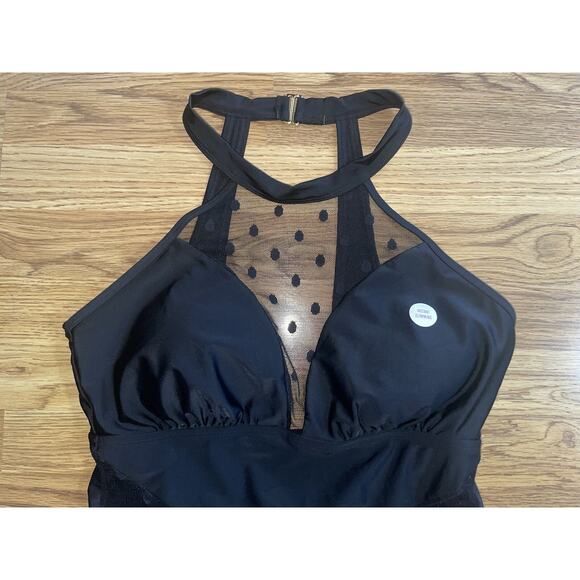 SO Juniors Plus Size 1x Black Halter Mesh One Piece Bathing Suit Swim Wear NWT - Picture 2 of 16